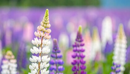 Close-up of vibrant lupine flowers in a field, with blurred background and soft focus
