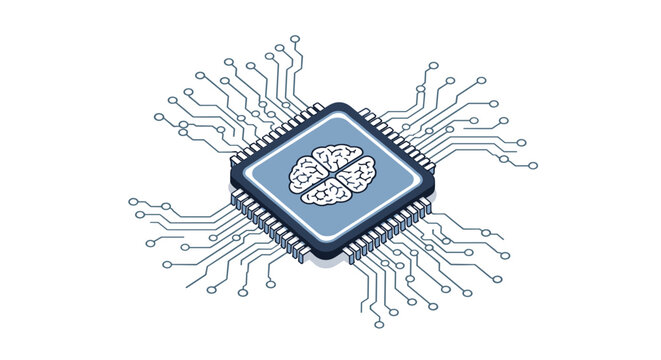 An isometric computer processor chip with a human brain icon on top symbolizes artificial intelligence and machine learning.