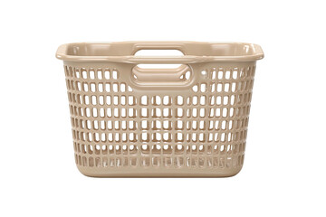 Tan, empty, plastic laundry basket with square cutouts