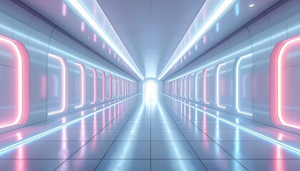 Futuristic, neon-lit corridor with reflective surfaces and rounded alcoves. Light at end