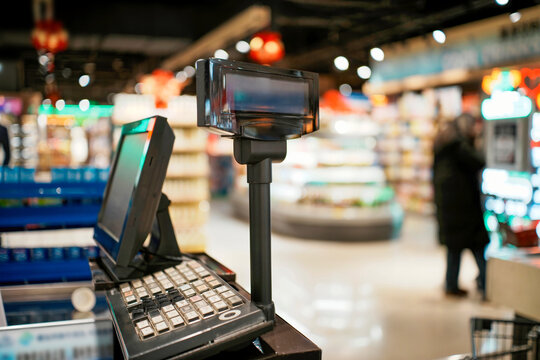 Supermarket Checkout Counter with Electronic Scanner