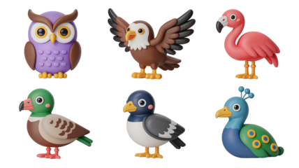 Adorable collection of six stylized 3d rendered cute bird figurines including an owl, eagle, flamingo, duck, pigeon, and peacock on transparent background