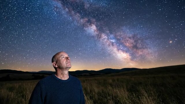 An older man is gazing up at a vibrant night sky filled with stars and the Milky Way. He is standing in a field with rolling hills in the background.