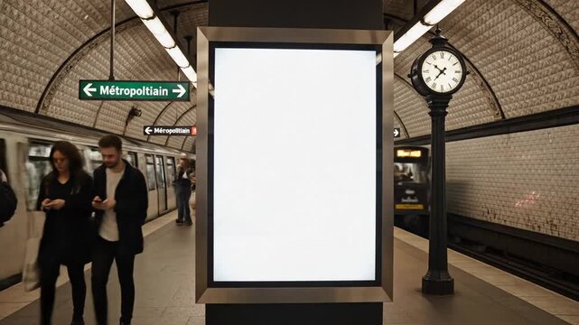 P21-Large empty billboard inside underground Paris metro station France blank illuminated advertising 4K 10s