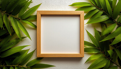 Wooden Picture Frame with Green Leaves on Textured Wall and copy space.