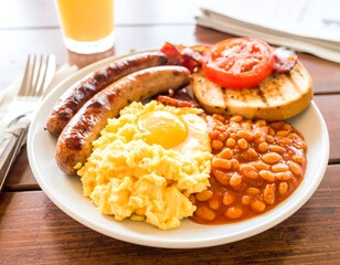Delicious breakfast plate with scrambled eggs, sausages, and baked beans