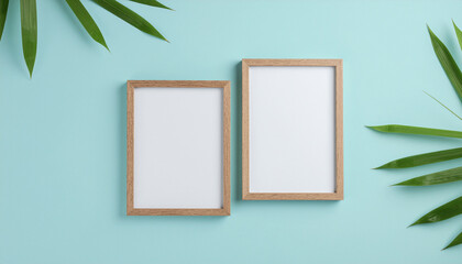 Wooden Picture Frame with Green Leaves on Textured Wall and copy space.