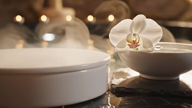 Close up of a white orchid flower floating in a bowl of water with steam rising and warm bokeh lights in the background creating a tranquil spa atmosphere