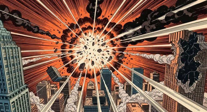 Comic book style city explosion illustration with stylized buildings and impact lines - Powered by Adobe