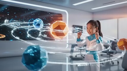 A young girl engages with an advanced holographic planetary system in a modern, interactive learning environment, representing the future of immersive science education and technological innovation - Powered by Adobe