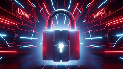 Neon lit padlock in cyberpunk setting with glowing blue lines
