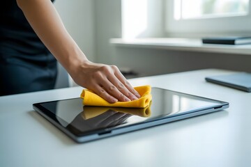 Hands wiping induction cooktop demonstrating effective kitchen cleaning, domestic hygiene habits, surface care, appliance maintenance, and spotless home living standards