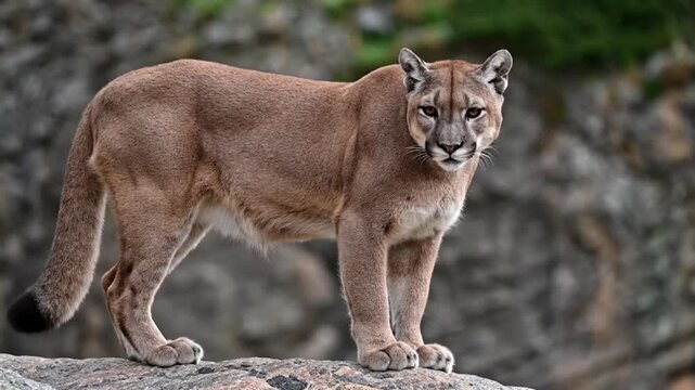 ultra realistic wildlife documentary style video mountain lion full body visible standing on mountain rocks powerful muscular form detailed fur texture sharp eyes focused calm alert behavior rugged cl