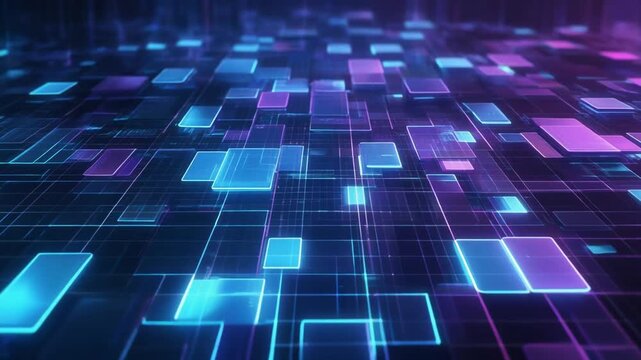 Abstract perspective of illuminated squares and lines in shades of blue and purple creating a grid-like pattern