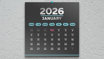January 2026 black wall calendar page with the beginning of New Year date highlighted