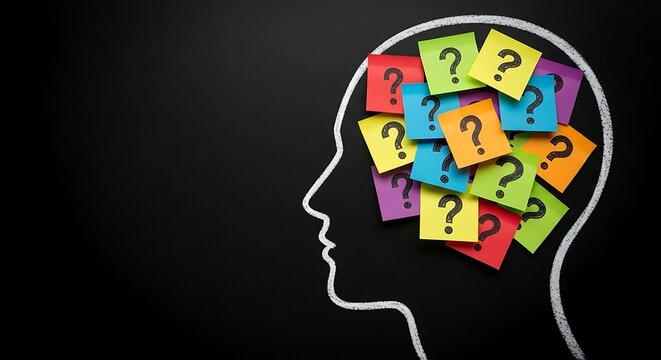 Question concept. Human brain illustration. Curiosity thinking vector design. Problem solving concept. FAQ communication graphic. Modern human brain question concept featuring colorful question marks 