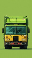Bright Yellow Garbage Truck on Solid Green Background for Recycling