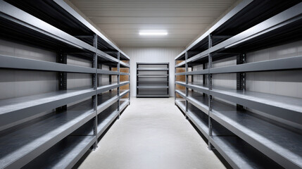 Industrial facility with symmetrical shelving units in rows, creating a stark, organized environment perfect for storage and organization needs