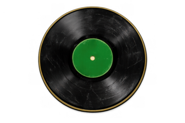 Vinyl record playing vintage sound, black grooved disc with green label, analog music entertainment device on transparent background