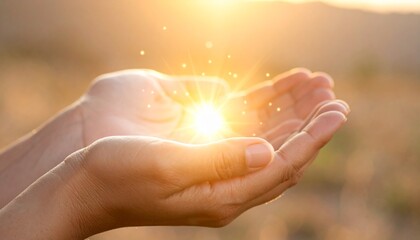 Manos abiertas recibiendo la luz dorada, Concepto de esperanza y espiritualidad, Primer plano de manos femeninas en gesto de oraci&oacute;n, sanaci&oacute;n y fe