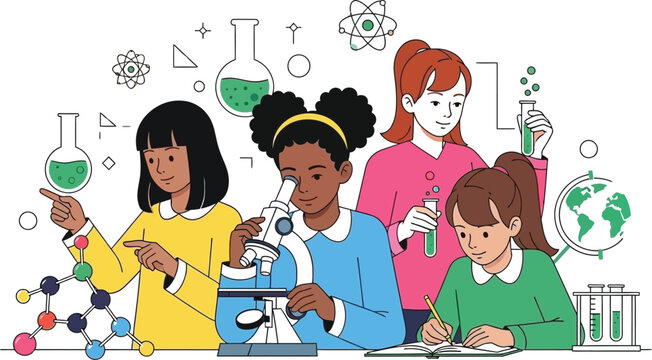 Group of diverse young female students actively engaged in various scientific experiments and learning activities within a laboratory setting - Powered by Adobe