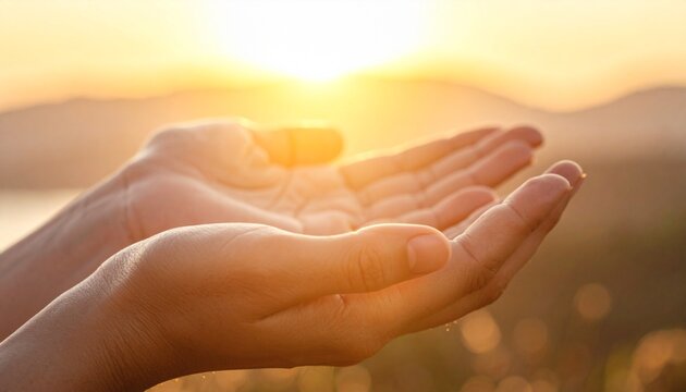 Manos abiertas recibiendo la luz dorada, Concepto de esperanza y espiritualidad, Primer plano de manos femeninas en gesto de oraci&oacute;n, sanaci&oacute;n y fe