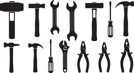 Collection of various black silhouetted hand tools on white background