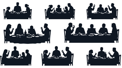 People eating together at dining table silhouette collection