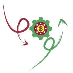 Hand-Drawn Style Financial Illustration Featuring a Green Gear with a Dollar Sign and Red-Green Swirling Arrows Representing Market Fluctuations, Economic Systems, and Business Growth
