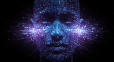 Digital consciousness radiating outwards from a simulated human face structure
