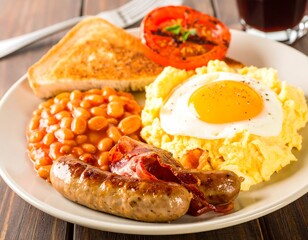 Delicious full English breakfast with scrambled eggs and toast
