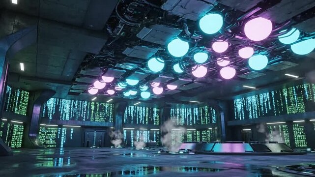 P191-A gloomy underground bunker of a hotel with walls lined with cryptic code and a shifting ceiling ful 4K 10s