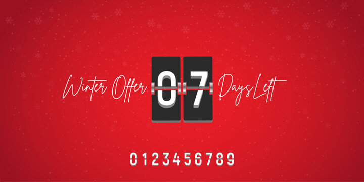 Winter sale countdown banner, editable flip clock days left template with digits set on red snow background for seasonal offer promotion
