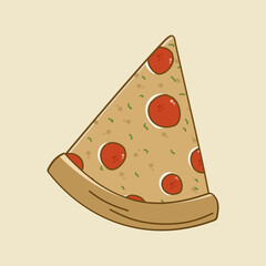 A Simple Hand-Drawn Style Illustration of a Single Slice of Pepperoni Pizza with Tasty Toppings and Golden Crust, Isolated on a Beige Background for Food Branding and Culinary Design