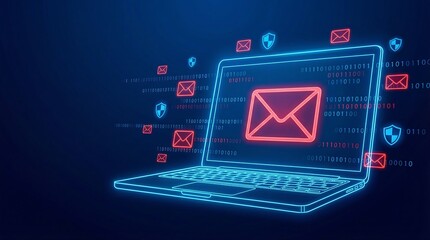 a glowing neon outline of a laptop displays an email icon surrounded by digital security symbols and binary code in a dark background