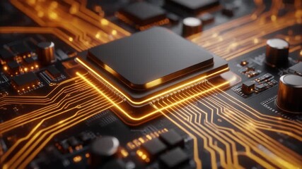 Futuristic computer processor unit with glowing orange data pathways on a high-tech circuit board, representing advanced digital innovation and powerful computing capabilities - Powered by Adobe