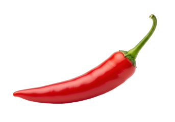 A single vibrant red chili pepper with a glossy, elongated form and a bright green stem, perfectly isolated on a pristine transparent background with soft studio lighting. Concept of bold culinary
