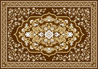 Classic brown damask carpet featuring golden floral ornaments, symmetrical centerpiece, and elegant vintage border details.