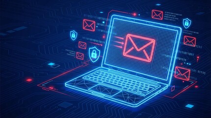 a futuristic depiction of a laptop displaying an email symbol surrounded by digital security elements like padlocks and shields representing cybersecurity high quality