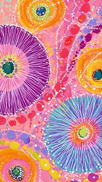Abstract theme of Australian Indigenous Aboriginal art. Represent style and dot painting techniques. Cultural, traditional art concept. Vertical animation. 