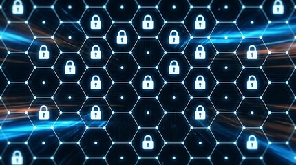 a captivating visual representation depicts a complex network of hexagonal cells each containing a prominent white padlock symbol indicating security high quality professional