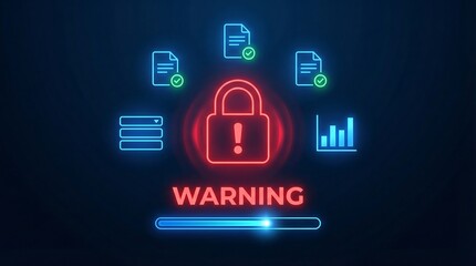a digital representation of data security with glowing neon icons of documents a lock server and graph indicating potential warning signs and vulnerabilities