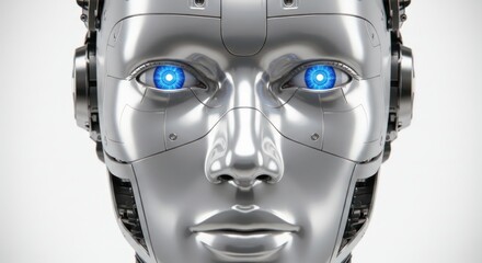Futuristic android portrait showcasing bright blue eyes and sleek metallic details representing