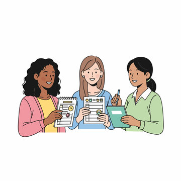 Tre donne sorridenti di diverse etnie che collaborano, esaminando documenti e prendendo appunti, simboleggiando lavoro di squadra e studio.