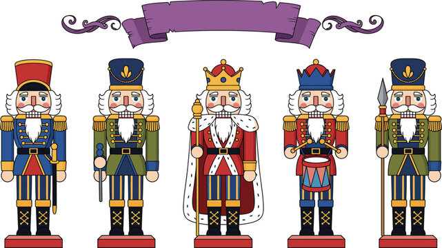Nutcracker king and soldier characters vector set with royal uniforms banner and traditional Christmas toy style
