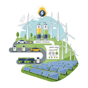 Illustrazione dettagliata di una smart grid che integra energia eolica, solare, stoccaggio e veicoli elettrici per un futuro sostenibile.