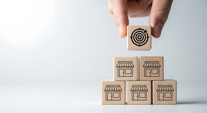 Hand placing target block atop small business icons representing strategic franchise goal achievement