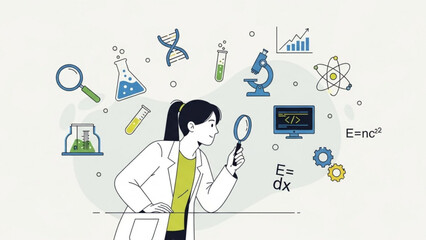 Scientist woman with magnifying glass surrounded by science and research icons representing discovery and innovation in a flat vector style for educational or corporate use