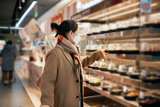 Woman Wearing Mask Shopping at Supermarket Hotpot Counter