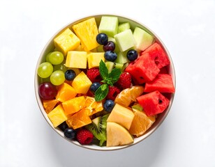 Vibrant fruit salad bowl with fresh seasonal fruits and mint